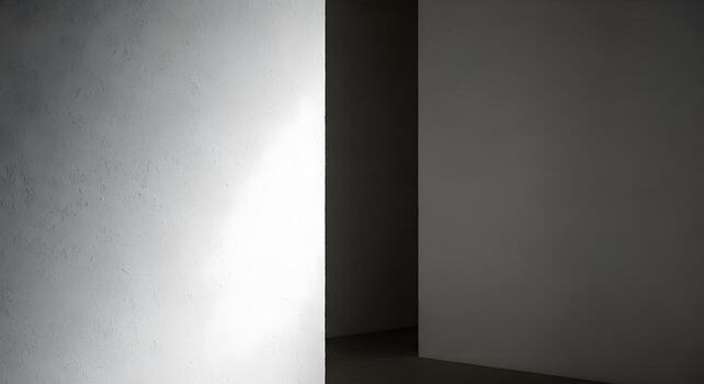 Abstract architectural composition of minimalist walls, defined by the strong interplay of light and shadow, creating depth and visual contrast within a contemporary interior photo