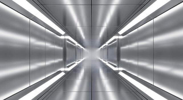 Futuristic empty corridor with symmetrical reflective metal walls and bright white glowing light panels creating a sense of infinite perspective photo