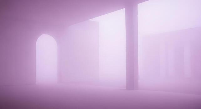 Ethereal lavender-hued interior bathed in soft, mystical light, showcasing minimalist architectural forms and atmospheric fog creating a dreamy, abstract art-like composition photo
