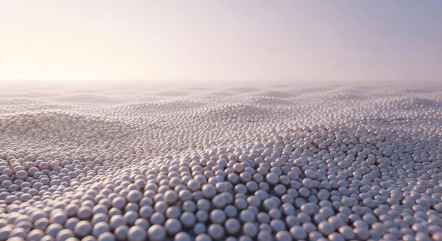 Mesmerizing abstract landscape of countless small, white spherical particles forming a gently undulating surface under a soft, diffused light, creating a serene and vast texture photo