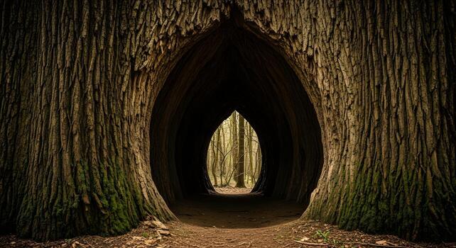 Mysterious Portal Pathway Through a Giant Tree, Leading to an Enchanted Forest View photo