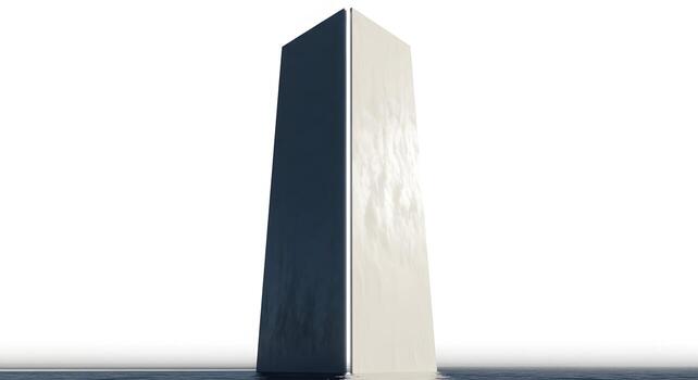 Abstract modern architectural structure reflecting in calm waters, minimalist design concept photo