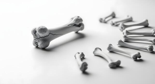 Macro photograph of fractured animal bones arranged in a circular pattern on a white background, symbolizing a cycle of life and death or decay photo