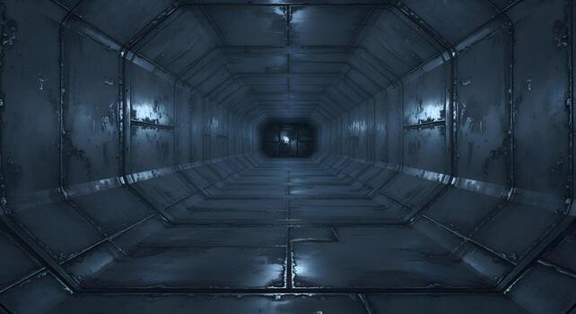A dimly lit, long metallic corridor extends into the distance, featuring a futuristic industrial design and a sense of depth and mystery within a sci-fi setting photo