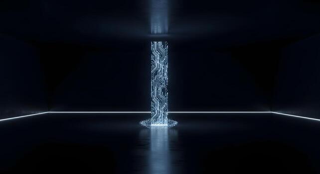 Abstract glowing digital column in a dark, futuristic room, illustrating the concept of advanced technology, AI, and seamless data transfer photo