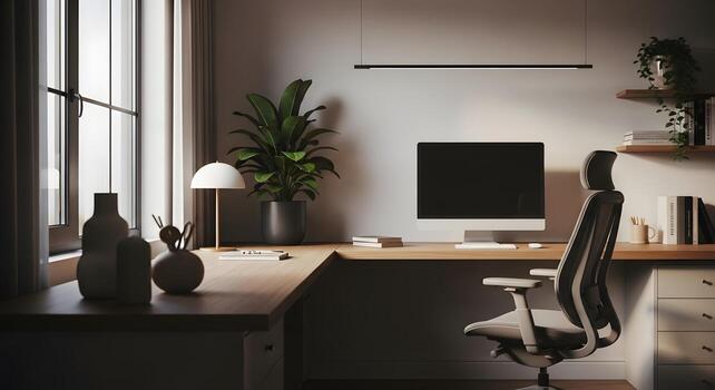 Modern Home Office Workspace with a Computer, Desk, and Plants, with Natural Light from the Window photo