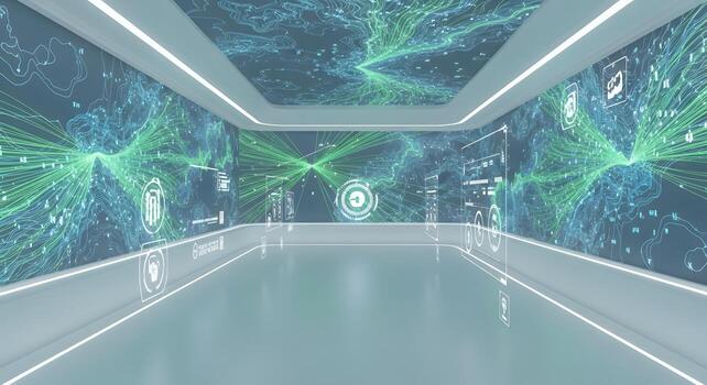 Futuristic Digital Holographic Display Room with Abstract Data Visualizations photo