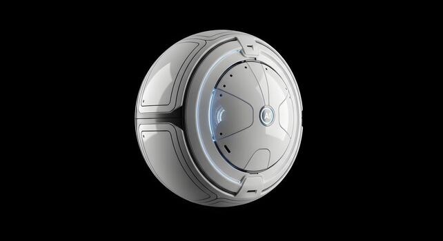 Futuristic white spherical device with intricate design and luminous blue details, symbolizing artificial intelligence and advanced robotics, on a minimalist dark background photo