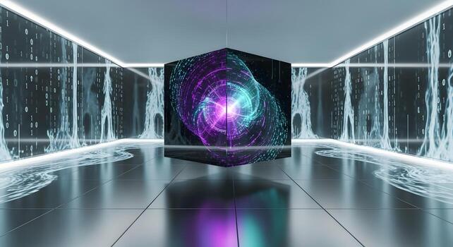 Abstract Digital Cube with Swirling Cosmic Energy, Representing Data and Technology photo
