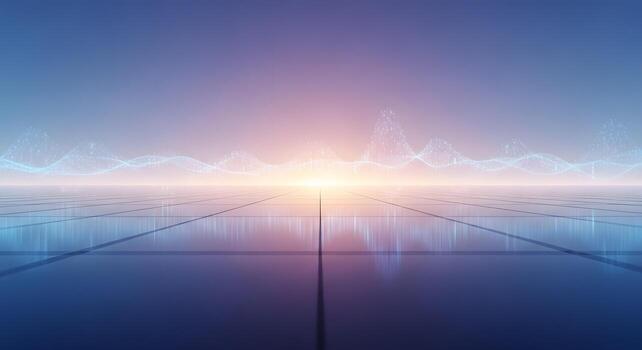 resumen digital sonido ola y ligero reflexión en un pulcro, futurista embaldosado superficie debajo un degradado cielo foto