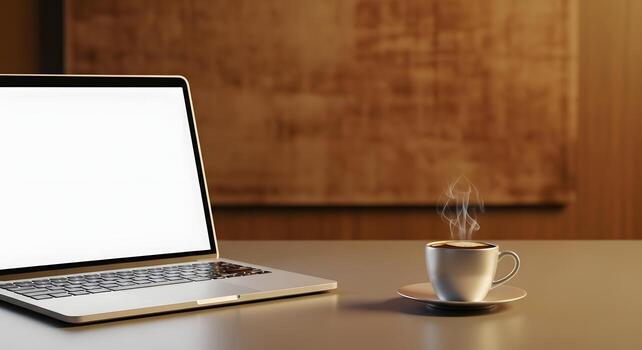 Laptop computer on a desk with a steaming cup of coffee, bright screen on the left and a textured wall in the background photo