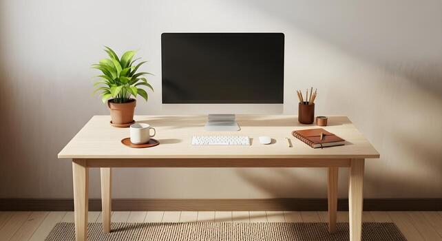 Minimalist Desk Setup with Computer, Notebook, and Plant for a Productive Workspace photo