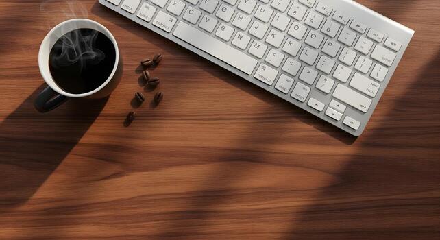 Steaming hot coffee, scattered roasted beans, and a modern computer keyboard arranged on a warm wooden desk, creating an inviting workspace for productivity or relaxation photo