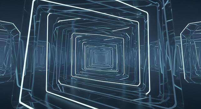 Abstract digital tunnel with glowing square frames creating a futuristic infinite light path in a dark, tech-inspired background, symbolizing connectivity and progression photo
