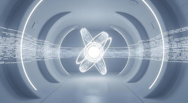 pulcro iluminado paso con un brillante atómico modelo a sus centro, rodeado por corrientes de digital información, significando el convergencia de Ciencias y avanzado tecnología foto