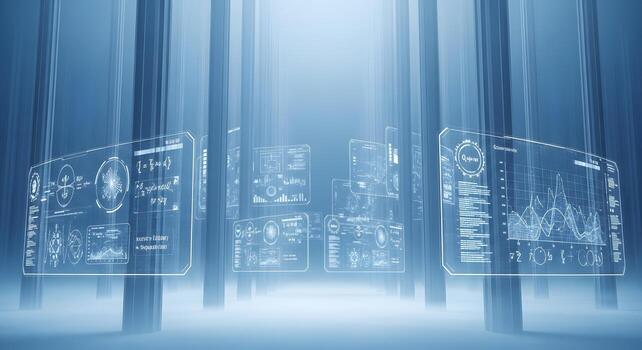 Futuristic Digital Interface with Holographic Data Displays Visualizing Complex Information and Advanced Analytics in a High-Tech Blue Environment, Representing Innovation and Global Connectivity photo