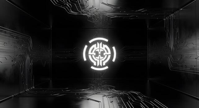 Futuristic Digital Network and Technology Background with Glowing Circuitry and Central Emblem photo