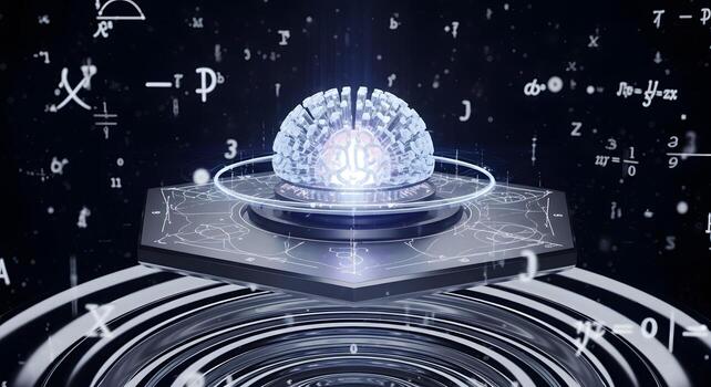 Brain in Futuristic Machine with Mathematical Symbols Artificial Intelligence Concept photo