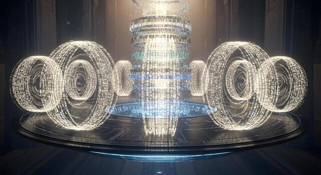 Futuristic Data Core with Glowing Orbs and Advanced Technology in a Dark Sci-Fi Setting photo