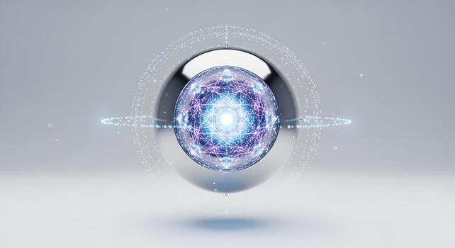 Abstract glowing geometric sphere with orbiting particles on a clean white background, digital art photo