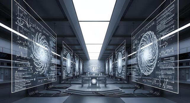 Futuristic AI research facility with holographic displays visualizing complex algorithms and scientific data, symbolizing innovation in machine learning and advanced computing technology photo