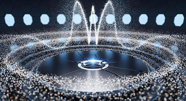 Abstract futuristic digital platform with illuminated particle effect in a modern setting photo