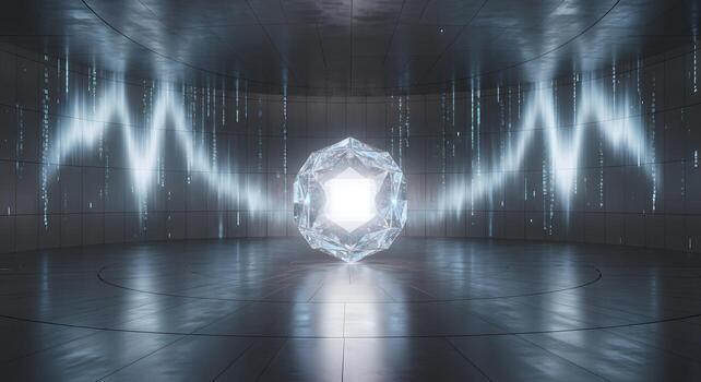 A glowing geometric crystal core radiates light in a sleek, futuristic digital chamber, surrounded by dynamic energy waves and descending data streams, symbolizing advanced technology photo