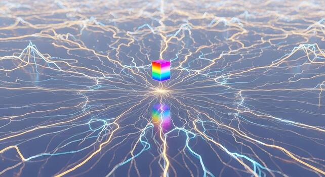 Central rainbow cube radiating complex digital energy and advanced data network connections, an abstract visualization of processing and global communication photo