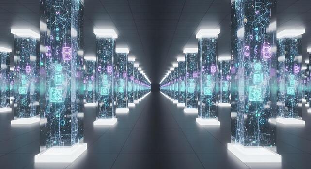 Futuristic digital data pillars illuminated with glowing abstract code and icons in a symmetrical hallway photo