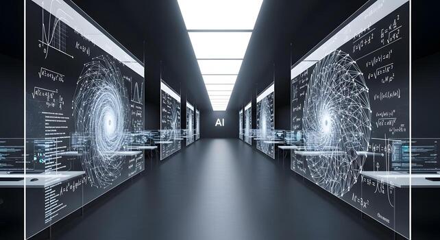 AI-Powered Futuristic Hallway Displaying Complex Mathematical Equations and Advanced Technology photo
