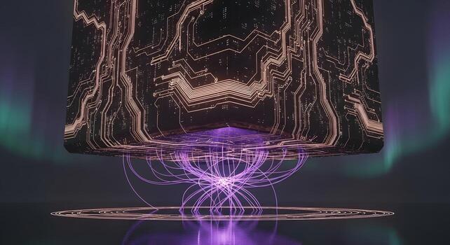 Abstract Technological Cube Floating Over a Circular Platform with Glowing Purple Lights photo