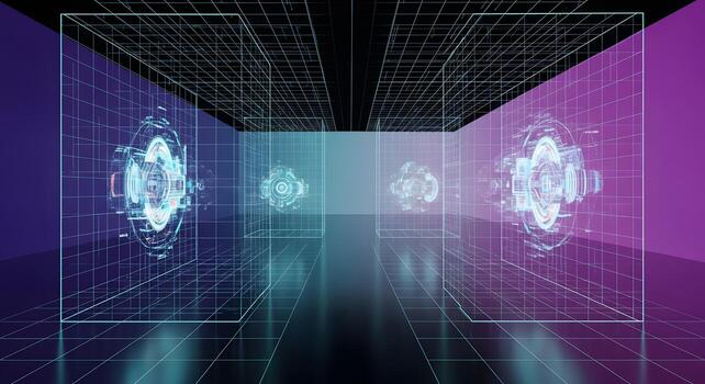 Dynamic futuristic digital interface with intricate holographic data visualizations within a glowing grid network, representing advanced technology and virtual reality concepts photo