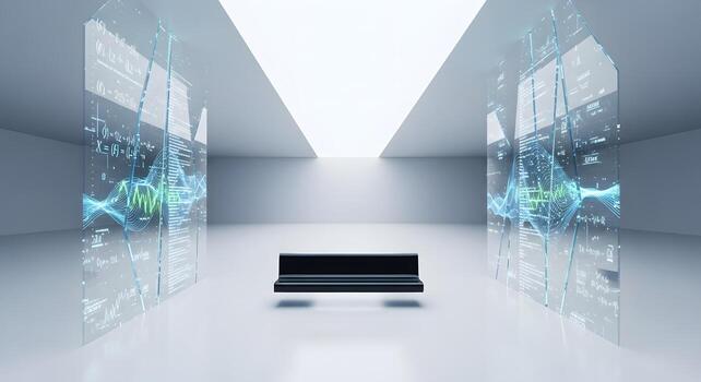 Futuristic white space with transparent digital screens showing complex data, graphs, and algorithms, representing advanced technology, artificial intelligence, and scientific innovation photo