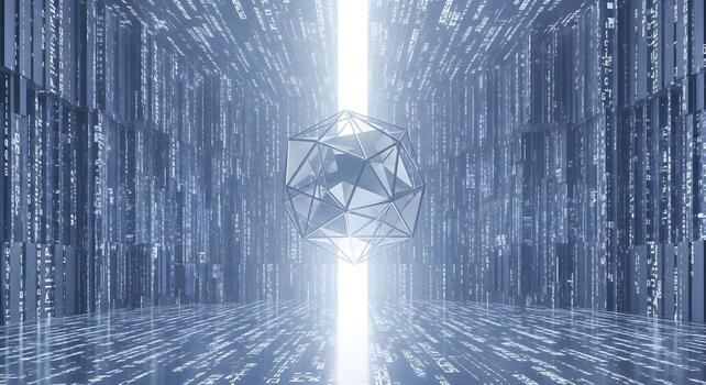 Glowing geometric crystal suspended in a futuristic digital corridor, framed by flowing binary code, illustrating advanced technology, data networks, and virtual reality photo