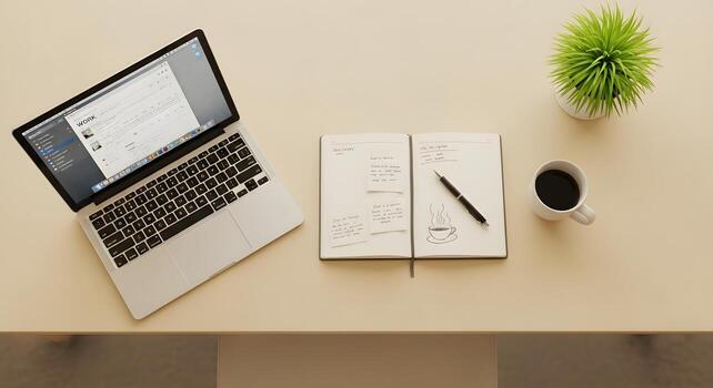 A bird's-eye view of a clean desk setup with a laptop, open notebook with sketches, a cup of coffee, and a small potted plant photo