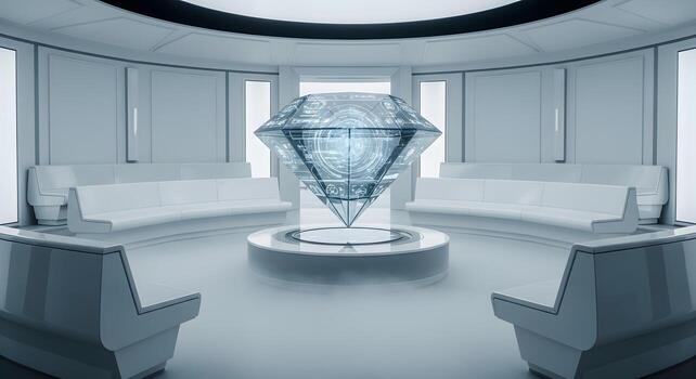 Immersive Futuristic Boardroom with Luminous Holographic Diamond Displaying Advanced Data Visualizations for Strategic Global Insights and Secure Information Exchange in a Modern, Minimalist Setting photo