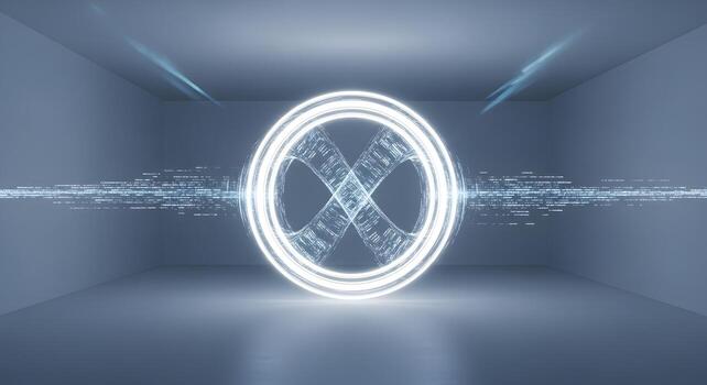 Futuristic digital infinity symbol glows brightly within a sleek, minimalist abstract chamber, representing endless data, technological concepts, and boundless connections in a high-tech environment photo
