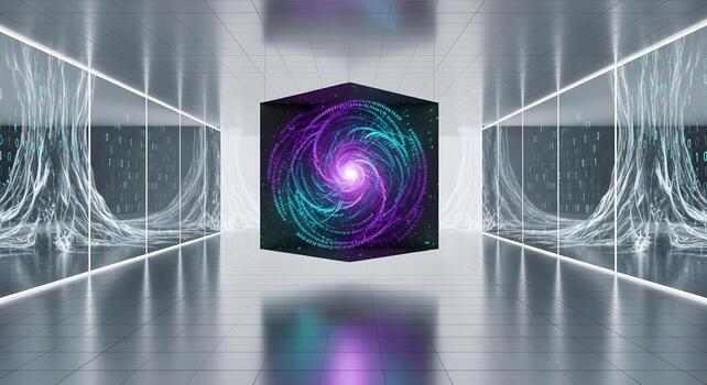 Abstract Digital Vortex Cube and Futuristic Corridor with Binary Code Patterns photo