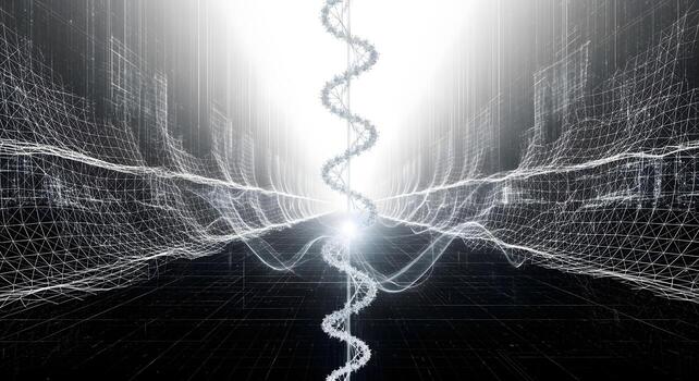 Digital DNA helix in abstract futuristic network visualization with light effects photo