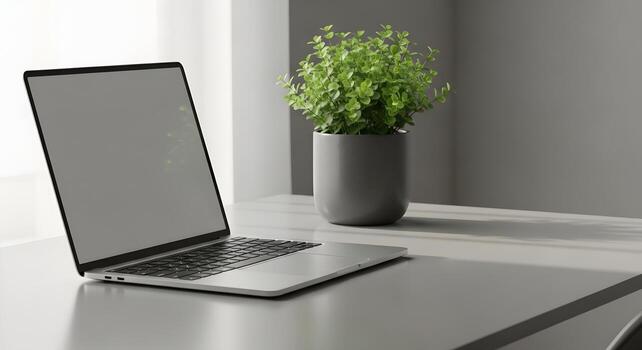 Modern minimalist workspace with an open laptop on a clean desk, complemented by a small green plant and soft natural light, creating a focused and productive environment photo