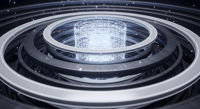 Abstract digital core with glowing data sphere surrounded by futuristic concentric metallic rings, symbolizing advanced technology, artificial intelligence, and scientific innovation photo