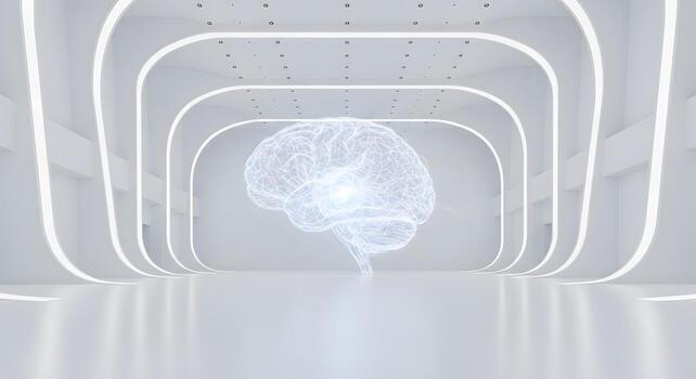 Digital rendering of a glowing human brain in a sleek, futuristic white architectural space, representing artificial intelligence, advanced technology, and cognitive innovation photo