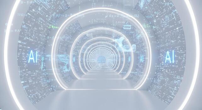 Futuristic AI-powered digital tunnel with glowing data and mathematical equations symbolizing innovation and advanced technology in a cyberspace environment photo
