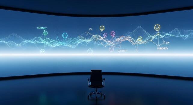 A Conceptual Visualization of Positive Emotions and Their Flow, Represented by a Network of Emoticons and Data Waves in a Futuristic Auditorium photo