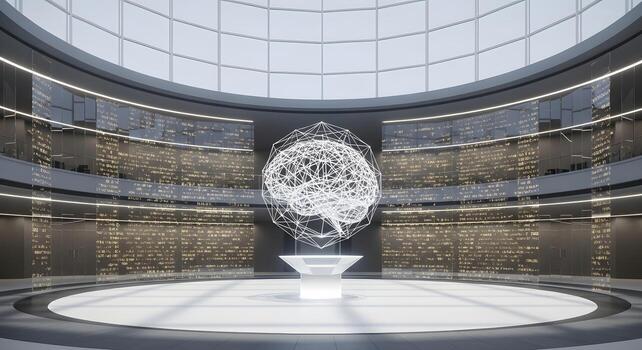 Digital Brain Hologram at the Core of a Futuristic Data Processing Center, Symbolizing Advanced Artificial Intelligence and Information Technology Research photo