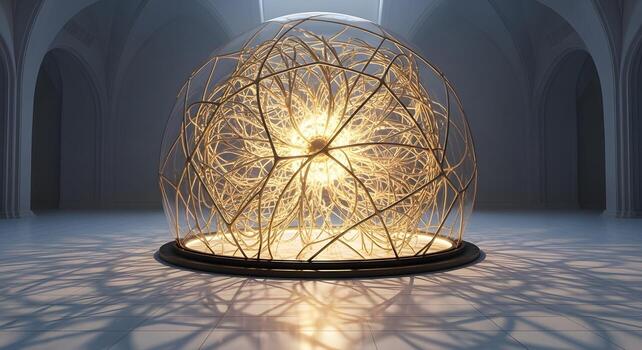 Glowing abstract structure inside a glass sphere, illuminated in a spacious architectural setting photo