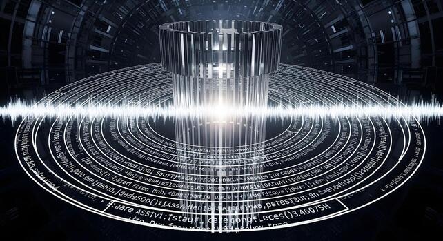 Futuristic digital hub with glowing data streams and complex geometric patterns, representing innovation and advanced technology photo