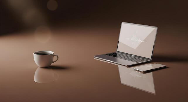 Sleek digital workspace with an open laptop showing sound waves, a smartphone, and a warm coffee cup, reflecting modern productivity and creative work in a serene environment photo