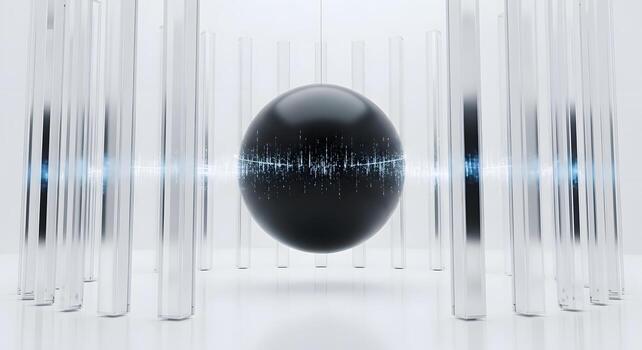 Abstract 3D rendering of a black sphere with digital lines, surrounded by pillars photo