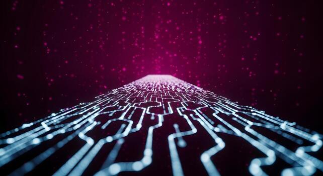 resumen circuito tablero diseño iluminado con azul líneas líder hacia un brillante rosado antecedentes foto